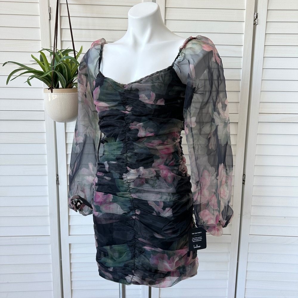 New Lulus Midnight Mirage Dress Floral Puff Sleeve Bodycon Ruched Mini Size M